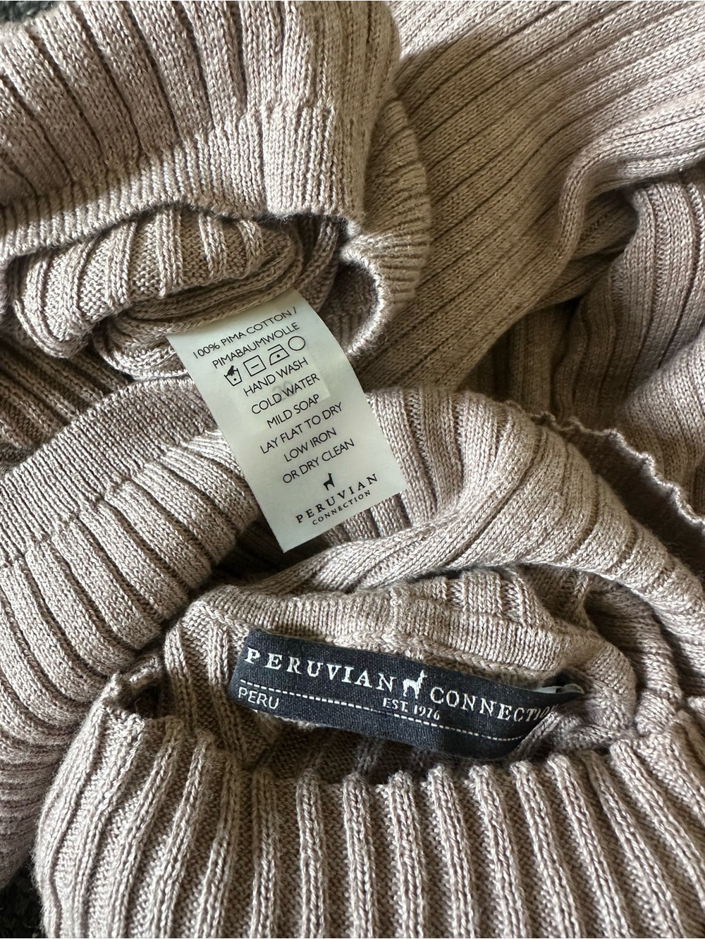 Peruvian Connection Taupe Brown Ribbed Pima Cotton Turtleneck Midi Dress Medium - Picture 6 of 6
